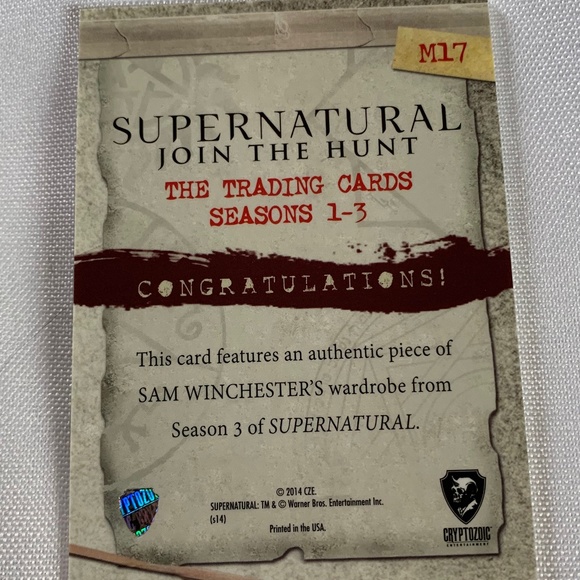 Authentic Cryptozoic Wardrobe Trading Card from the TV Show Supernatural! - Picture 2 of 2